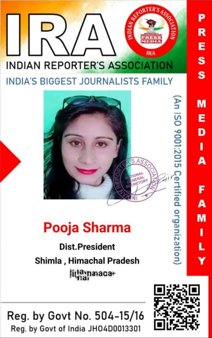 इंडियन रिपोर्टर्स एसोसिएशन द्वारा पूजा शर्मा को शिमला जिला अध्यक्ष नियुक्त